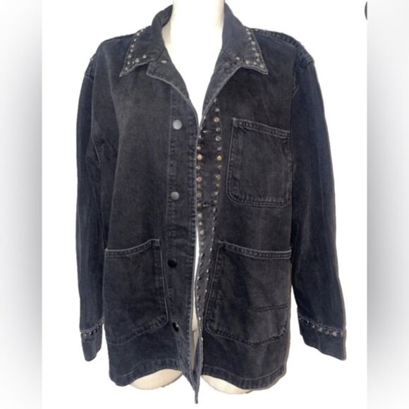 Zara oversized casual trendy grommets black 3 pocket denim shirt style jacket XS - Picture 1 of 4
